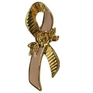Vintage Avon Pink Ribbon Gold-Tone Rose Brooch Awareness Lapel Pin